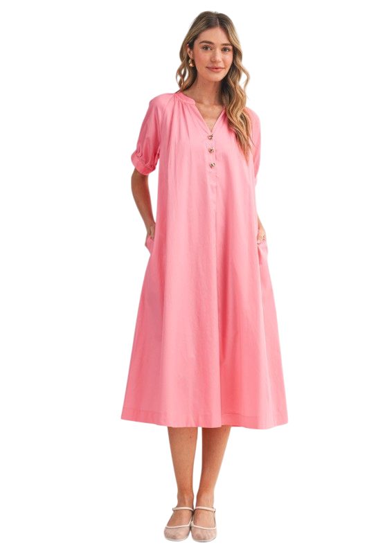 V Neck A-Line Midi Dress in Pink