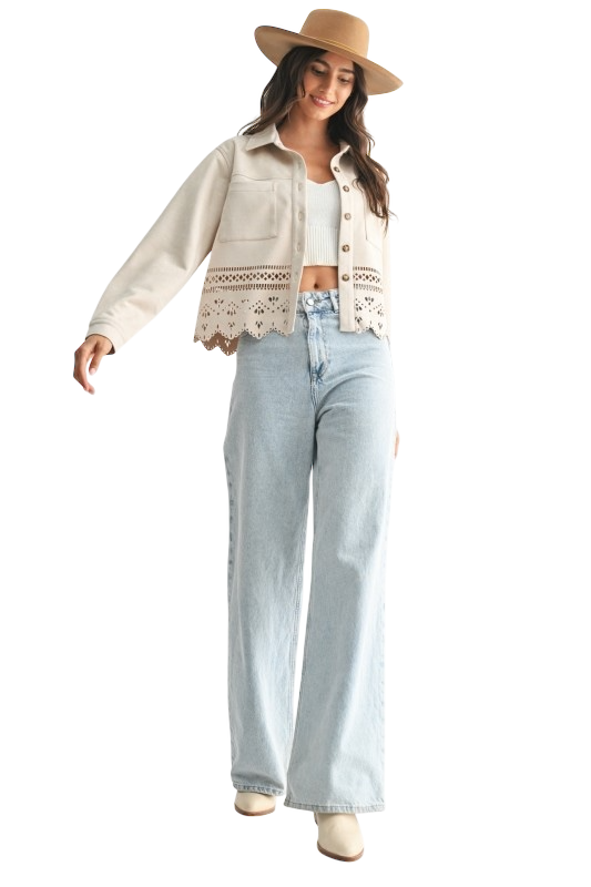 Eyelet Detail Cropped Jacket in Ivory