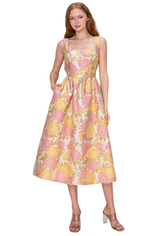 Yellow & Pink Rose Jacquard Midi
