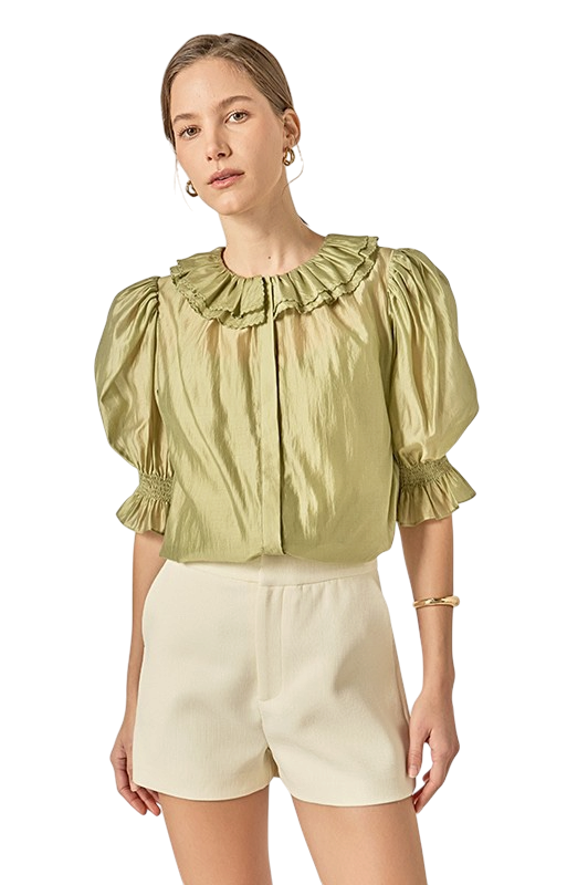 Ruffled Short Sleeves Blouse - Sage