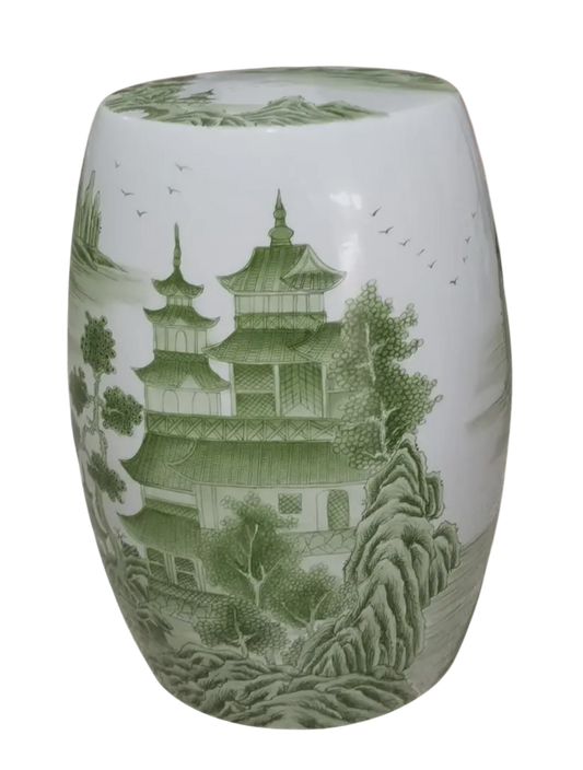 Green & White Pavillion Scene Garden Stool