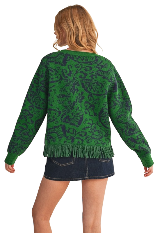 Floral Knit Fringed Cardigan - Green Navy