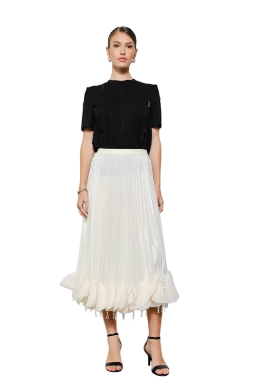 Ruffle Beaded Hem Midi Skirt - Cream