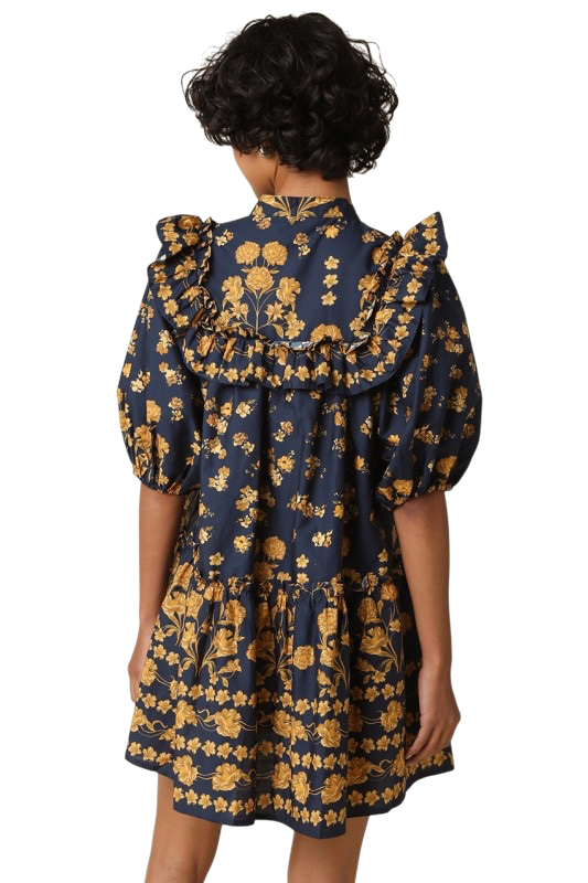 Navy & Gold Floral Ruffle Mini Dress