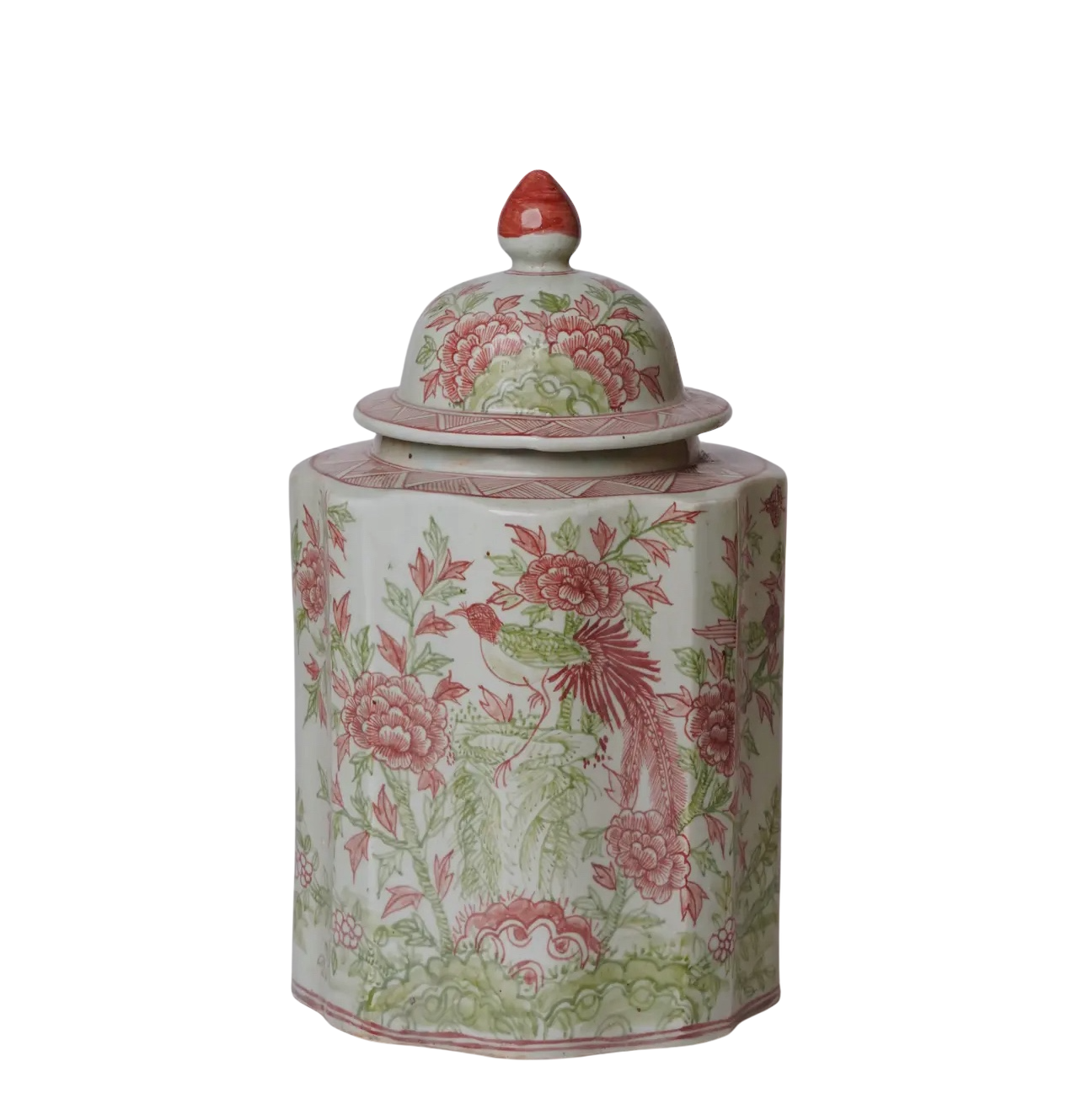 Pink & Green Golden Pheasant Ribbed Lidded Jar