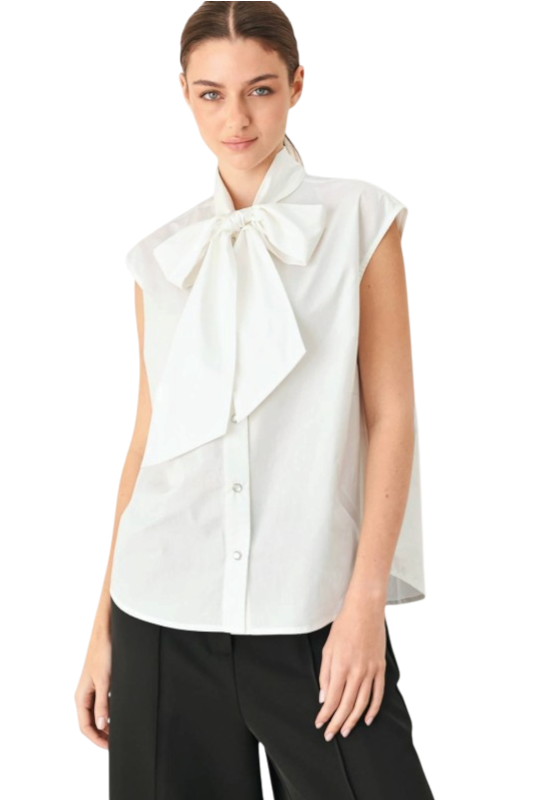 Sleeveless Poplin Tie Front Top - White