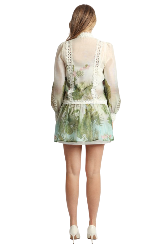 Tropical Lace Trim Gathered Mini Dress