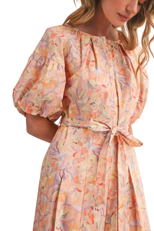 Floral Puff Sleeve Belted Midi - Peach