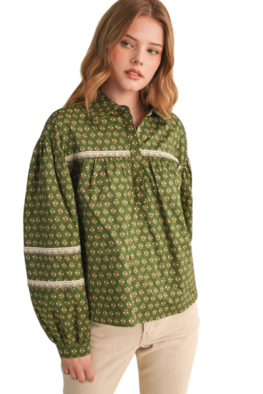 Green Floral Lace Trim Top