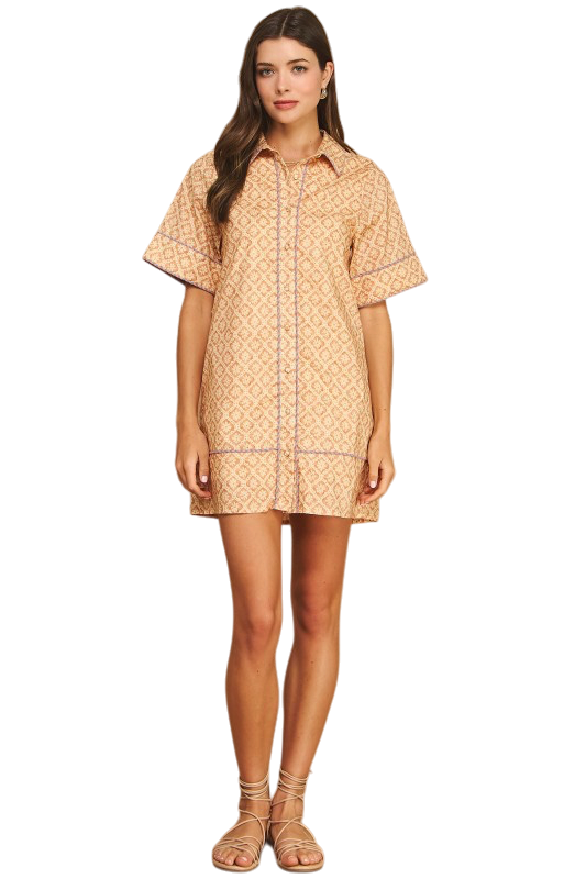 Floral Shirt Mini Dress w/ Piping
