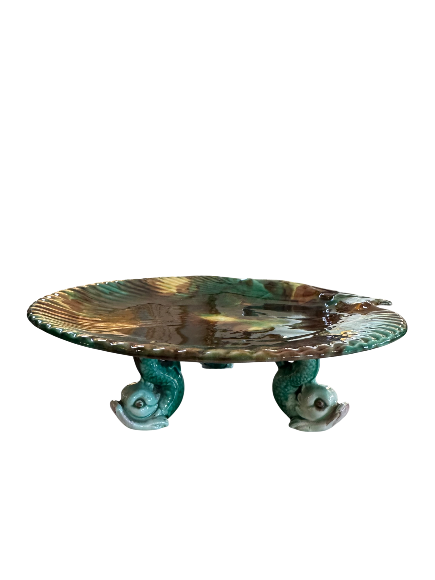 Vintage Majolica Dolphin Fish & Shell Cake Stand