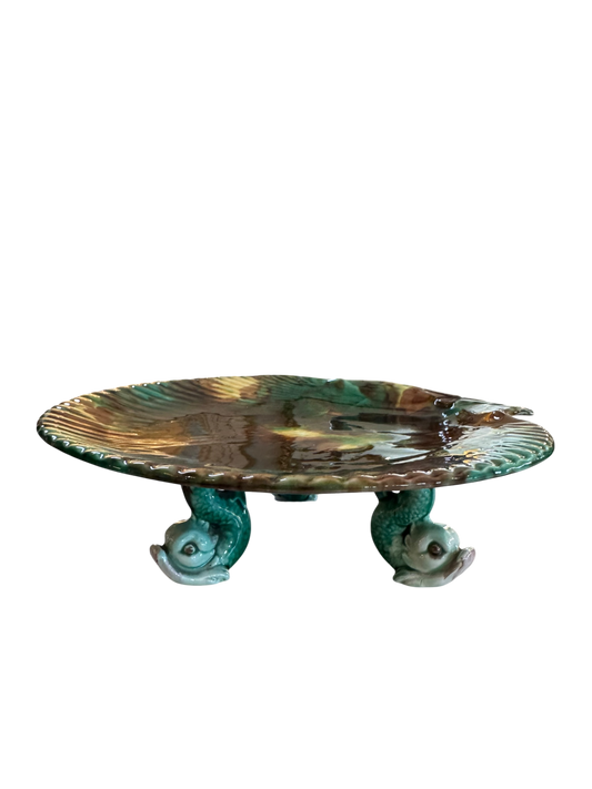 Vintage Majolica Dolphin Fish & Shell Cake Stand