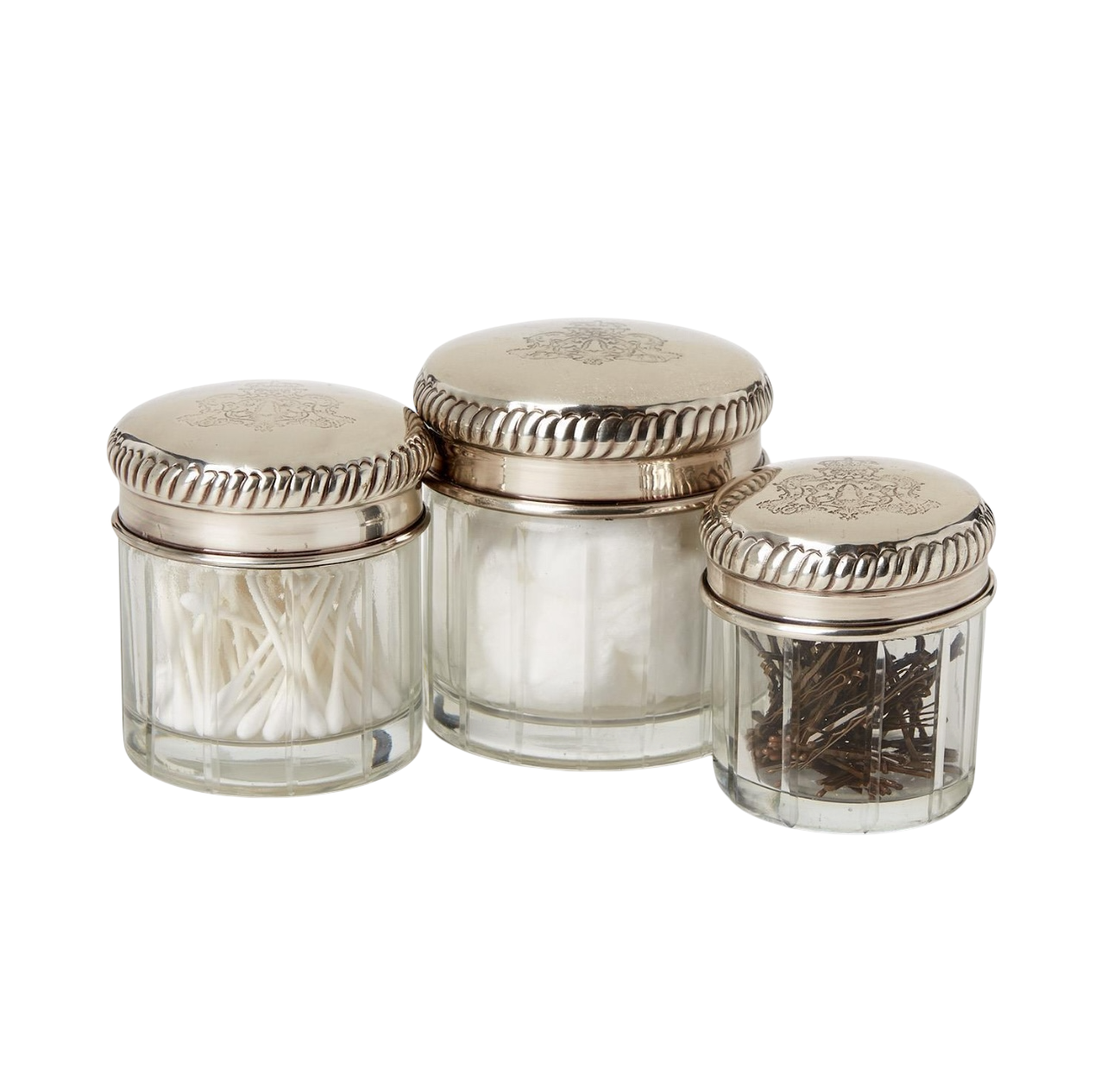 Set of 3 Glass Jars w Antique Silver Plated Lid