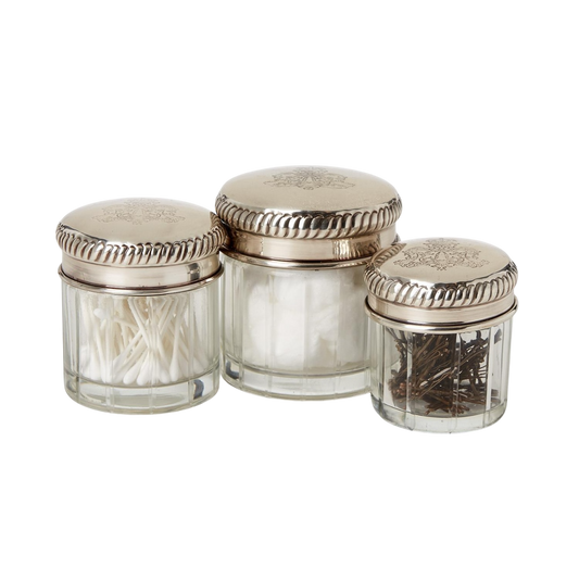Set of 3 Glass Jars w Antique Silver Plated Lid