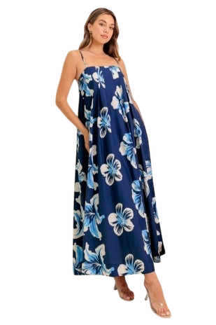 Navy Hibiscus Pleated Maxi