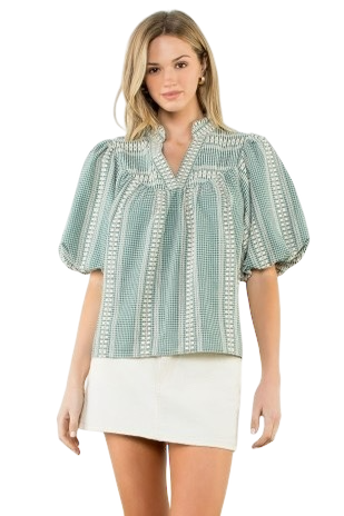 Embroidered V-Neck Gingham Top