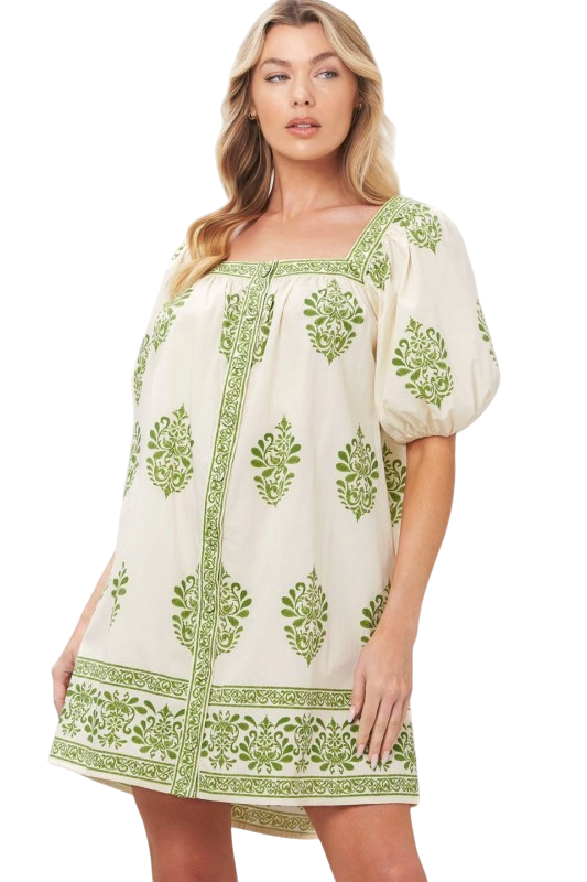 Puff Sleeve Border Print Mini