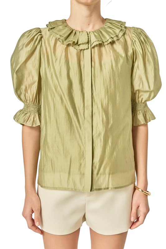 Ruffled Short Sleeves Blouse - Sage