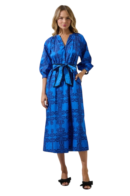 Blue Abstract Split Neck Midi