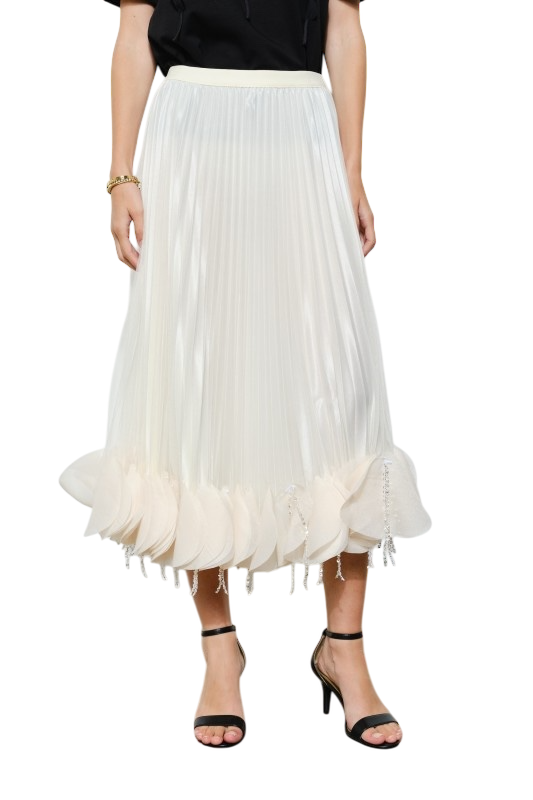 Ruffle Beaded Hem Midi Skirt - Cream