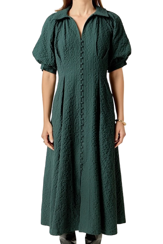 Pintuck Textured Shirt Dress in Forest