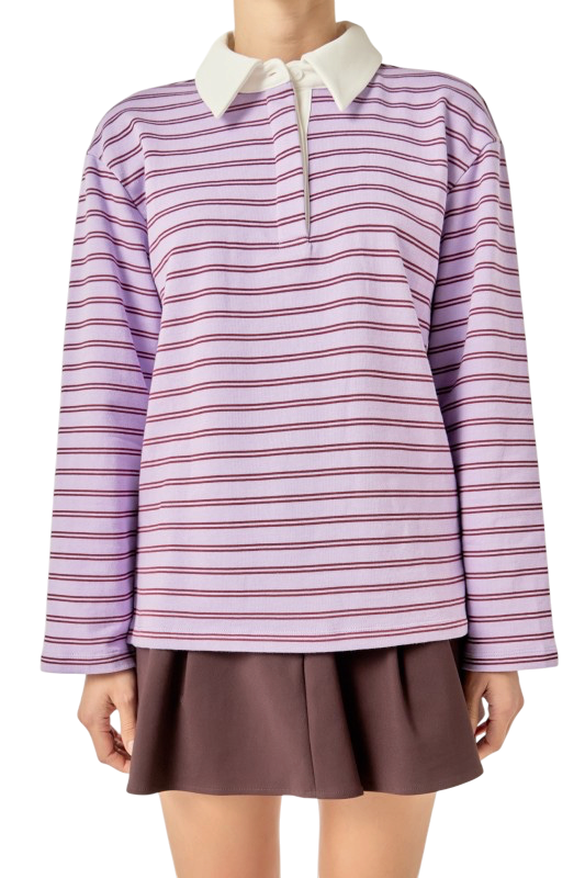 Lavender Striped Polo Knit Top