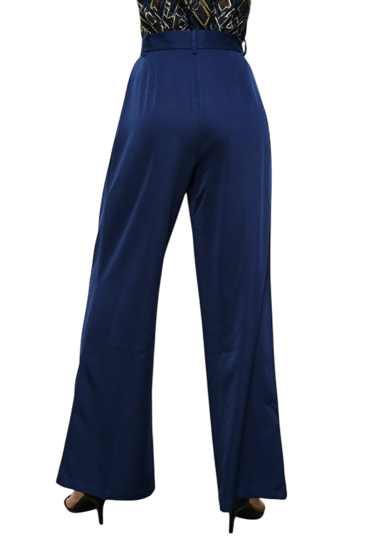 High Waist Pleated Wide Leg Pants - Navy