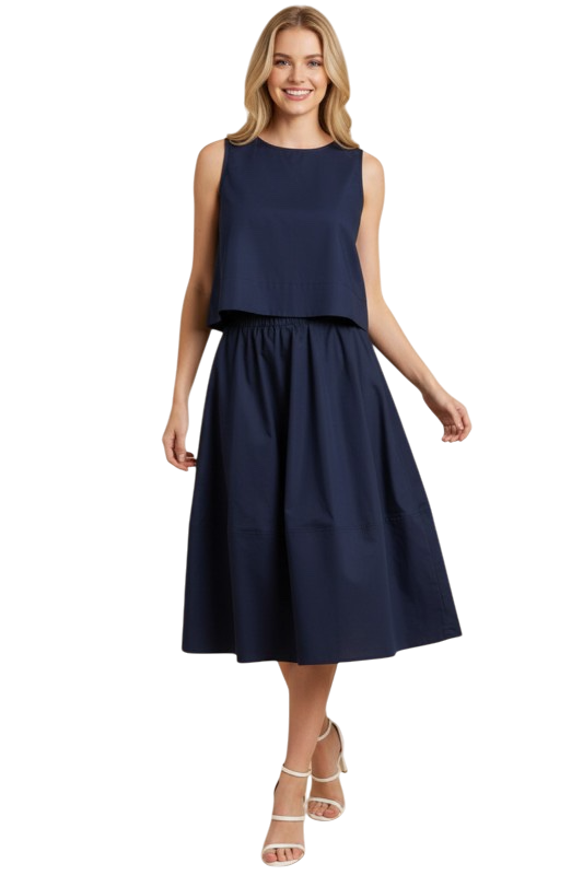 Solid Poplin Midi Skirt - Navy