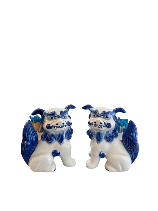 Vintage Blue & White Foo Dog Match Holders