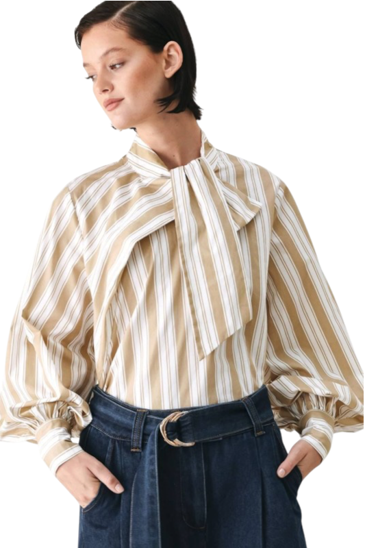 Khaki & White Striped Blouse w/ Tie Detail