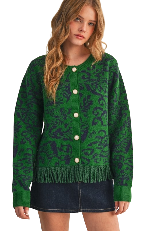 Floral Knit Fringed Cardigan - Green Navy