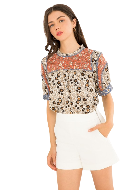 Multi Flower Print Short Sleeve Top