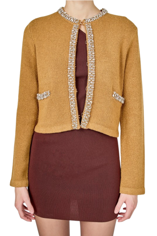 Boucle Knit Jewel Trim Cardigan