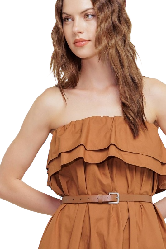 Cognac Poplin Off Shoulder Dress