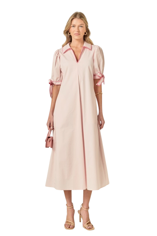Stitch Detailed Midi Dress - Pink