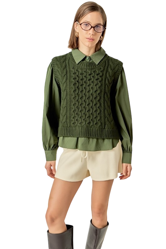 Mixed Media Cable Knit Shirt Top