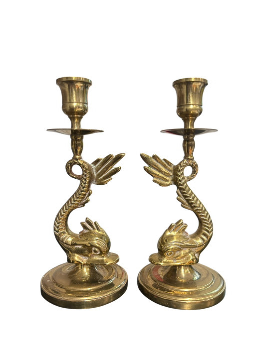 Brass Dolphin Fish Candle Holder Pair