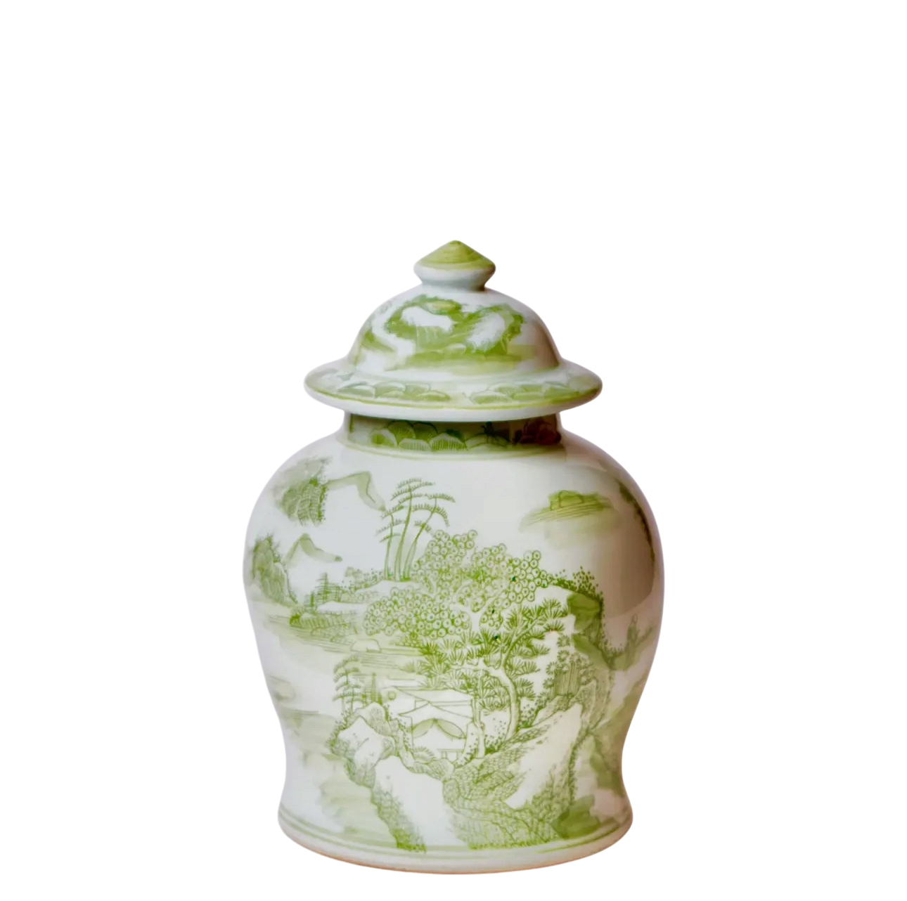 Medium Green & White Landscape Temple Jar