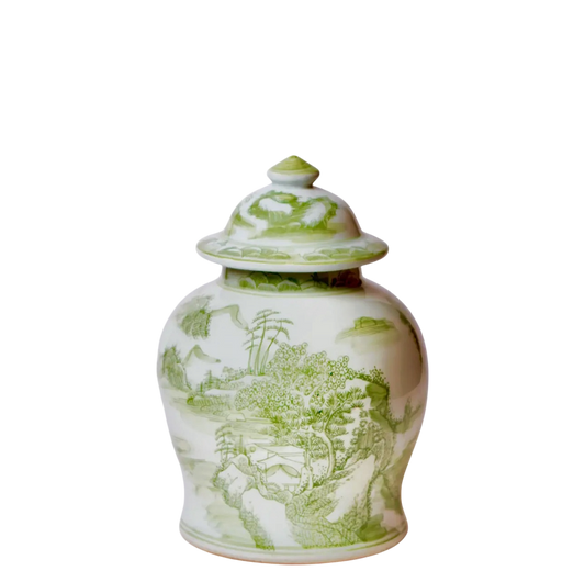 Medium Green & White Landscape Temple Jar