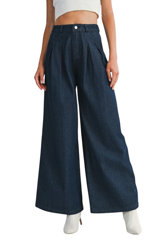 Pleated Wide Leg Dark Denim Jean
