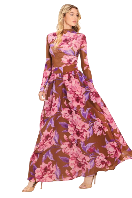 Brown & Pink Floral Maxi Skirt