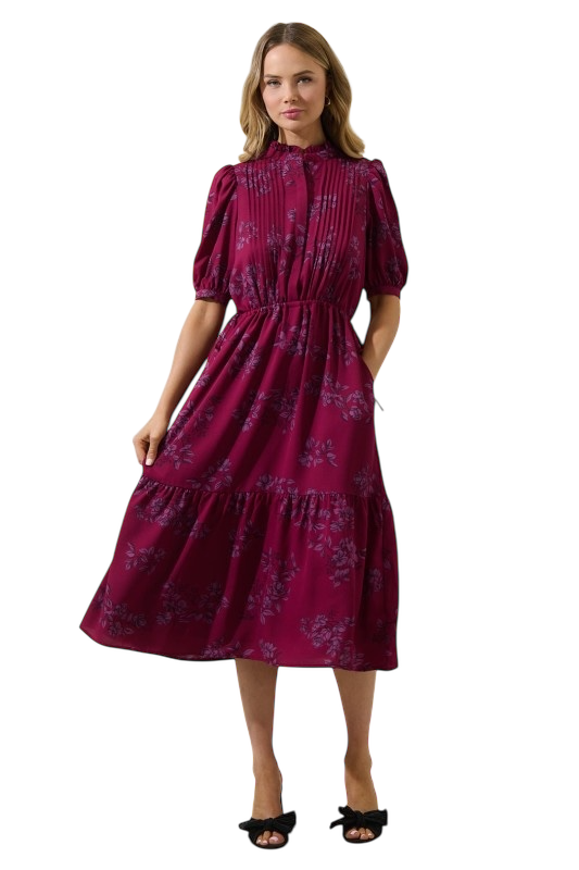 Pleated Floral Midi Dress