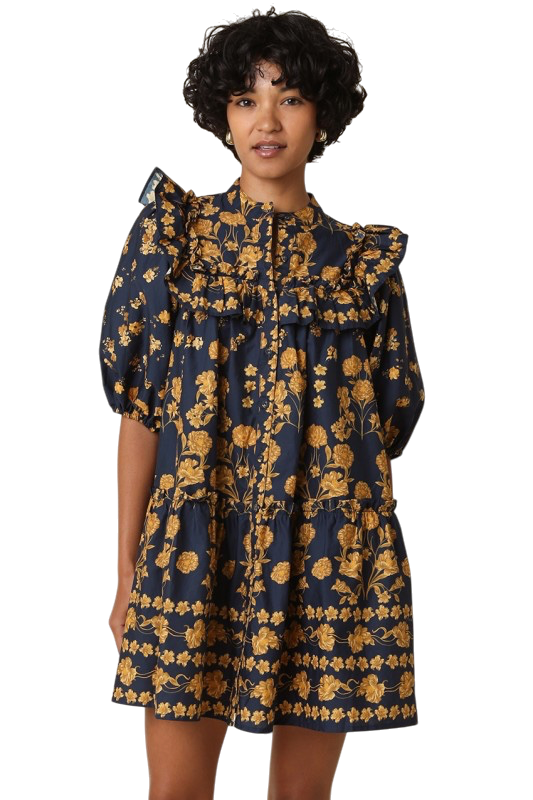 Navy & Gold Floral Ruffle Mini Dress