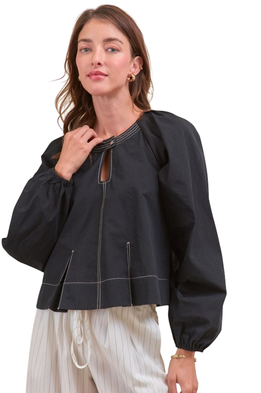 Contrast Stitch Pleated Blouse - Black