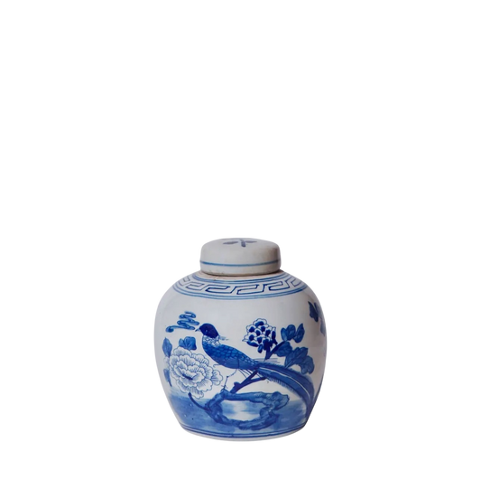 Blue & White Pheasant Round Storage Jar