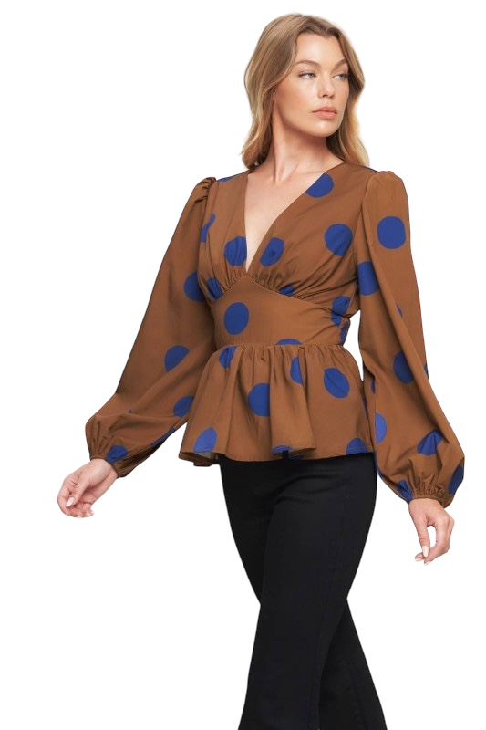 Brown & Navy Polka Dot Blouse