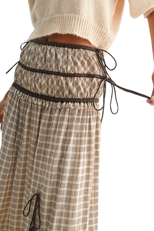 Checked Midi Skirt w/ Tailored Drawstring