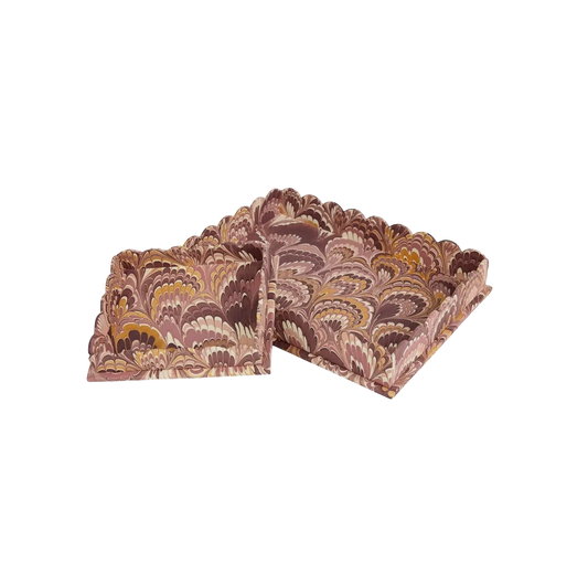 Marbled Scalloped Tray Set - Burgundy Gold Fan