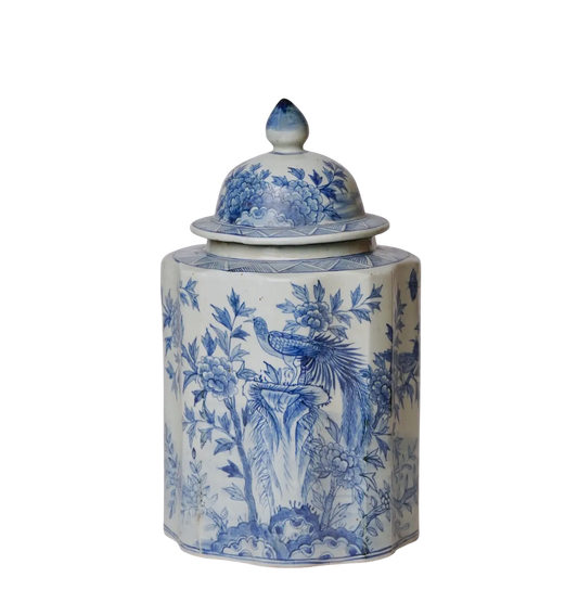 Blue & White Golden Pheasant Ribbed Lidded Jar