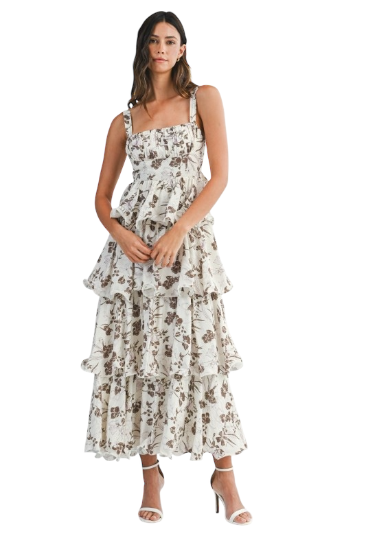 Brown Floral Ruffle Tiered Dress